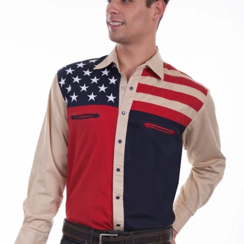 Vtg Scully Tan Stars & Stripes Western Shirt button down pearl snaps (M1)